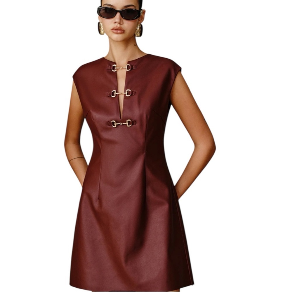 Elegant Burgundy Dress with Gold Buckle Accents- NWT
